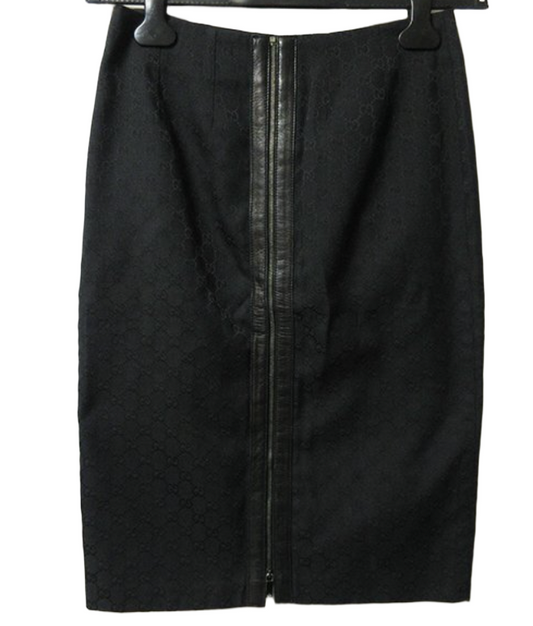 Gucci Monogram Leather Trim Zipper Black Pencil Skirt