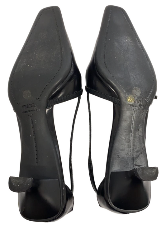 Prada Black Kitten Keel Pumps T Strap 37.5