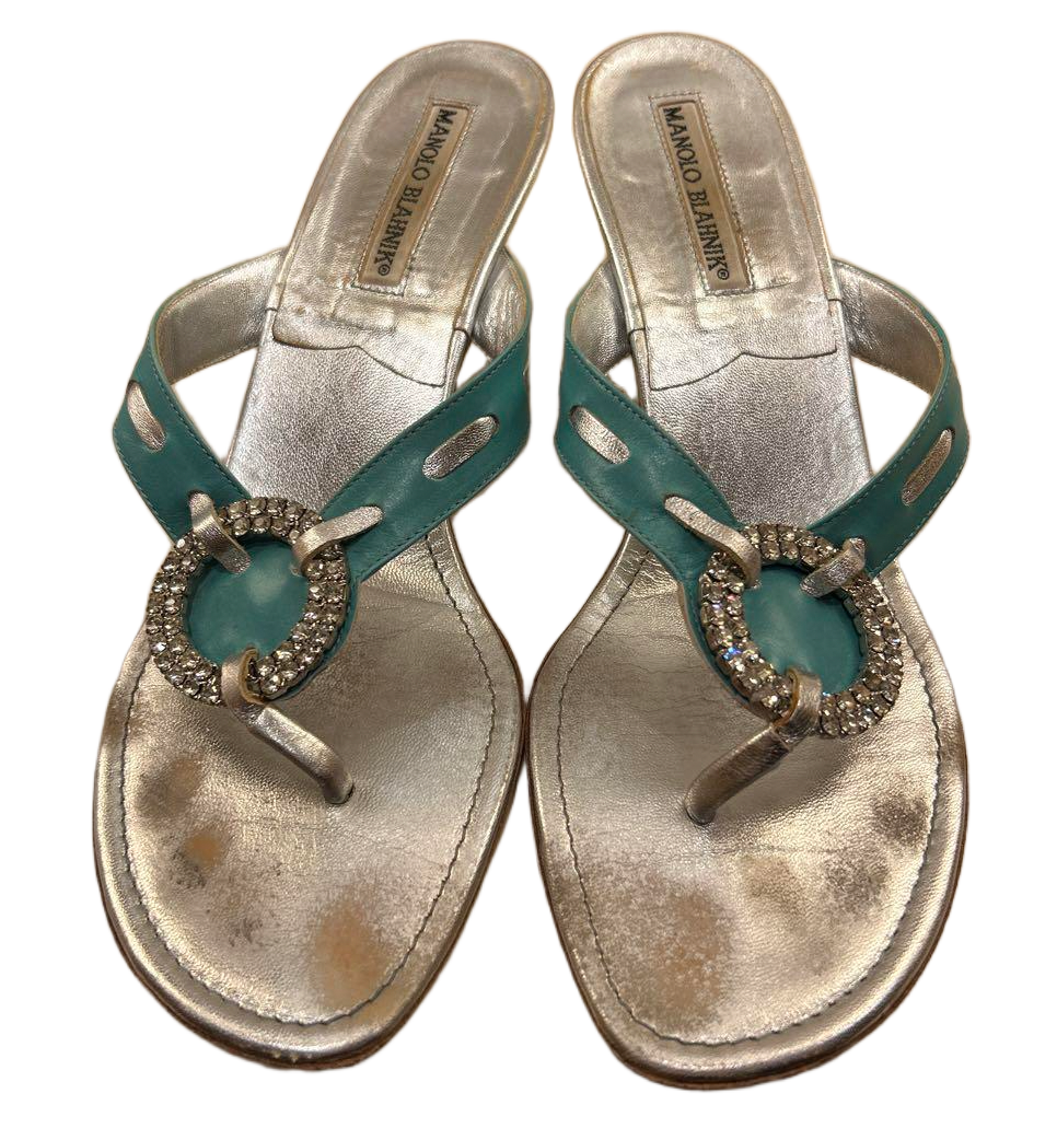 Manolo Blahnik Bejeweled Turquoise Thong Sandals 38.5