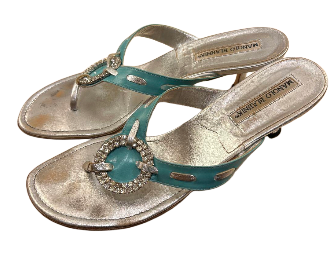 Manolo Blahnik Bejeweled Turquoise Thong Sandals 38.5