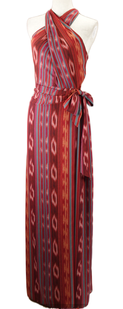 Ralph Lauren Maroon Red Orange Kasuri Tribal print halter Maxi dress