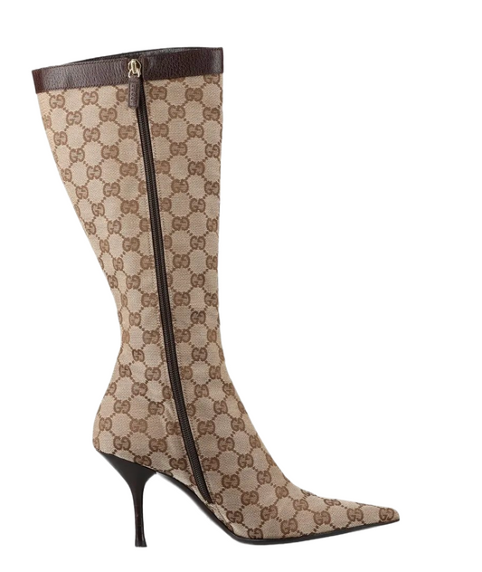 Gucci Monogram Canvas Leather Trim Knee High boots 37.5C