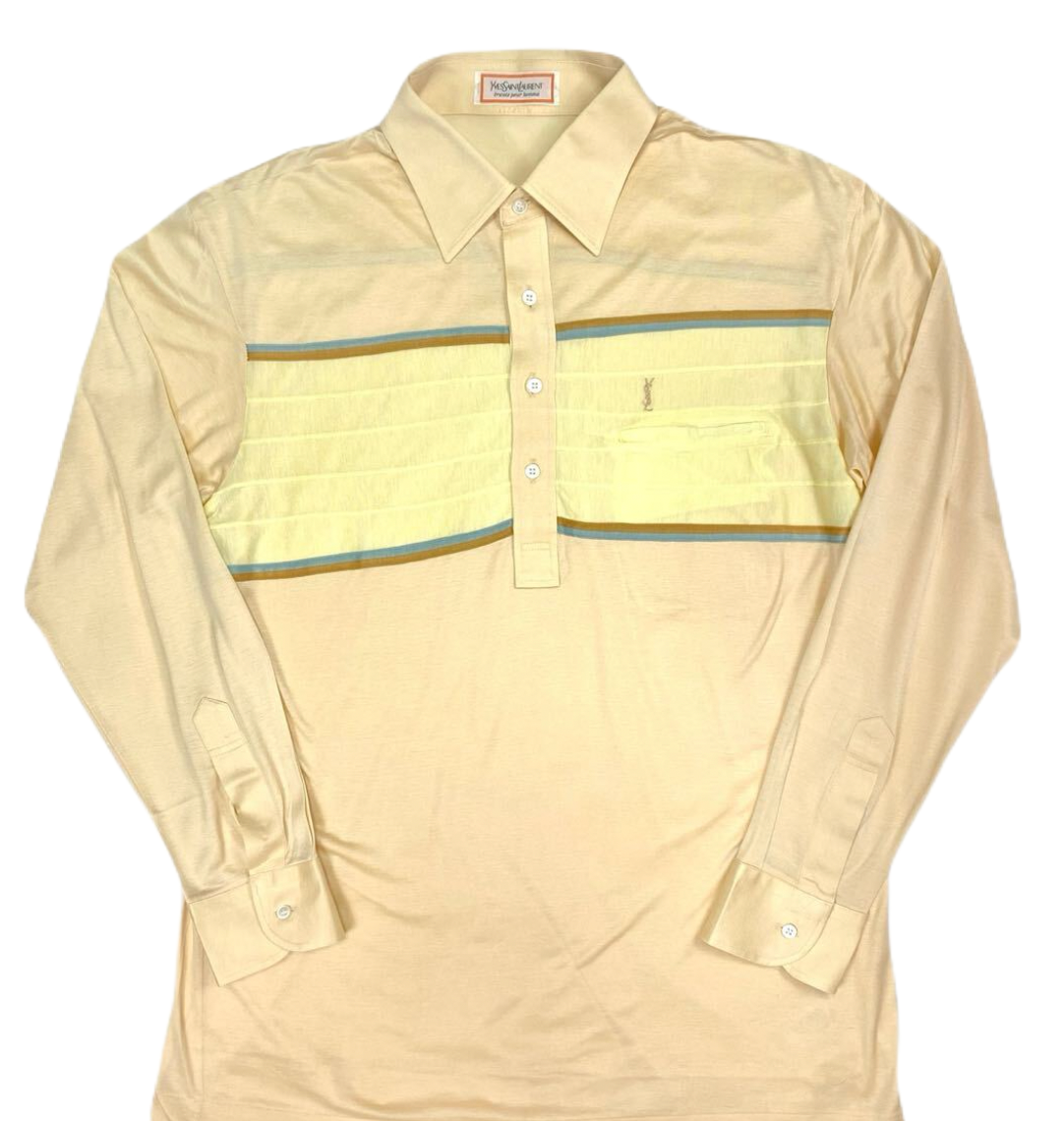 Yves Saint Laurent Logo Men LS Polo Shirt in Beige Stripe