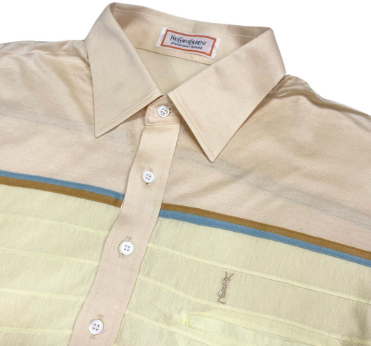 Yves Saint Laurent Logo Men LS Polo Shirt in Beige Stripe