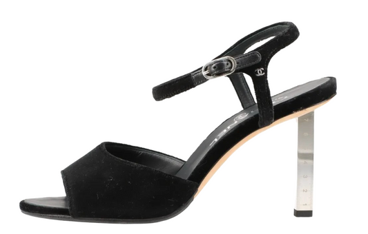 Chanel Coco Mark Velvet Heels Sz 38.5 w Metal Ruler Heel