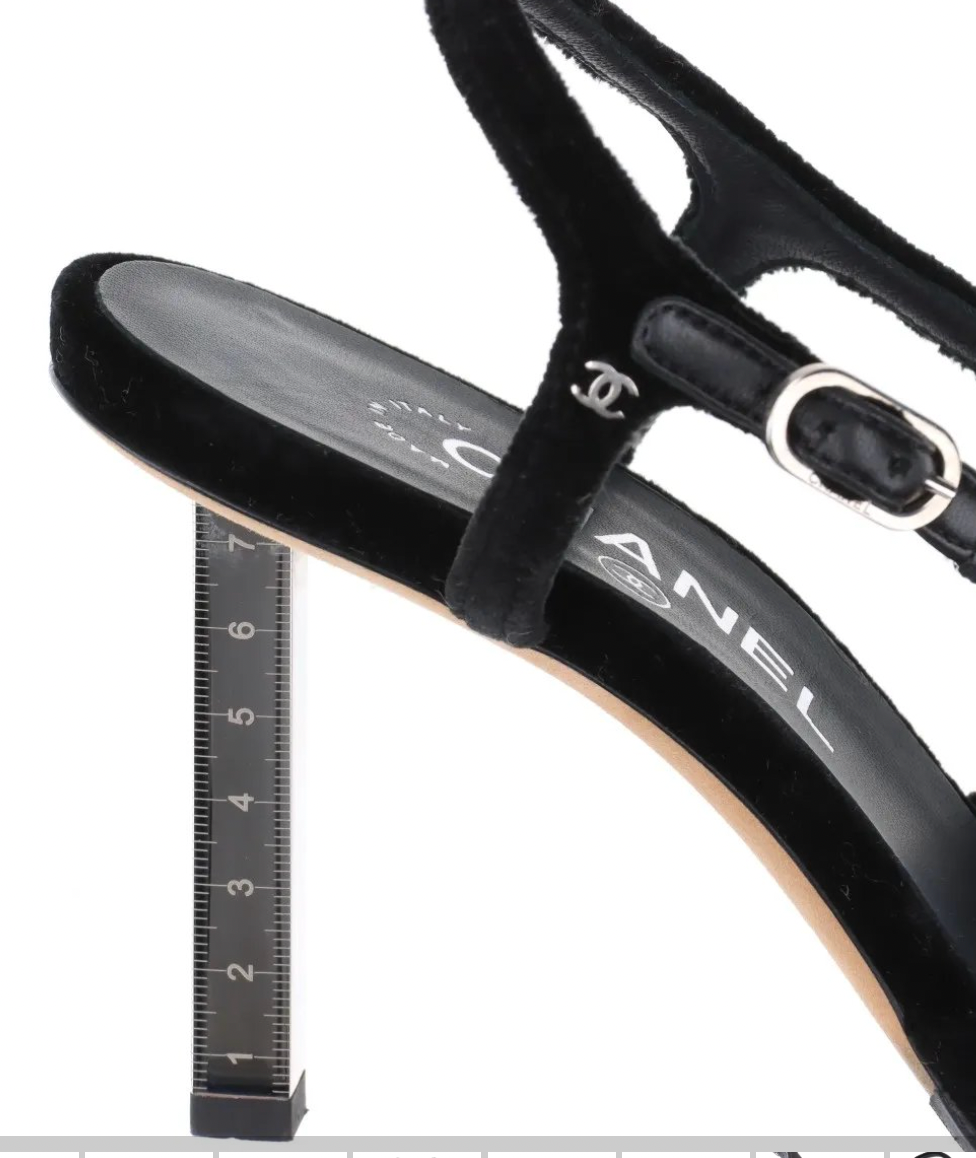 Chanel Coco Mark Velvet Heels Sz 38.5 w Metal Ruler Heel