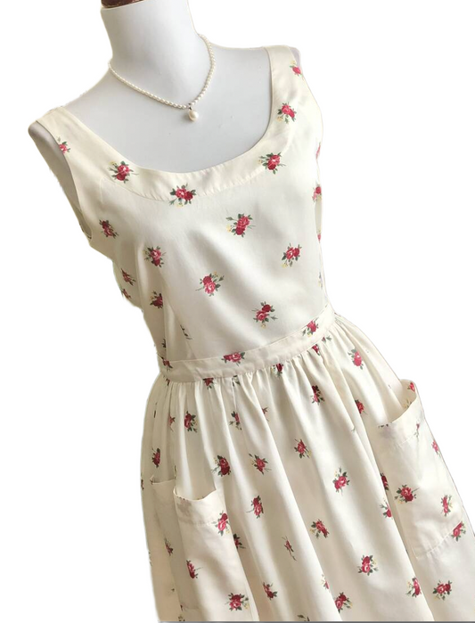 Ralph Lauren Vintage Rose Print White Cotton Flared Country Apron Dress