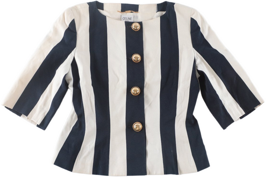 Celine Black White Striped SS Jacket Gold Button Skirt Suit Set Sz 40