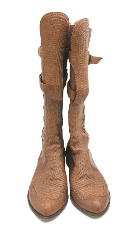 Alexander McQueen Knee High Leather Stitch Boots Sz 38