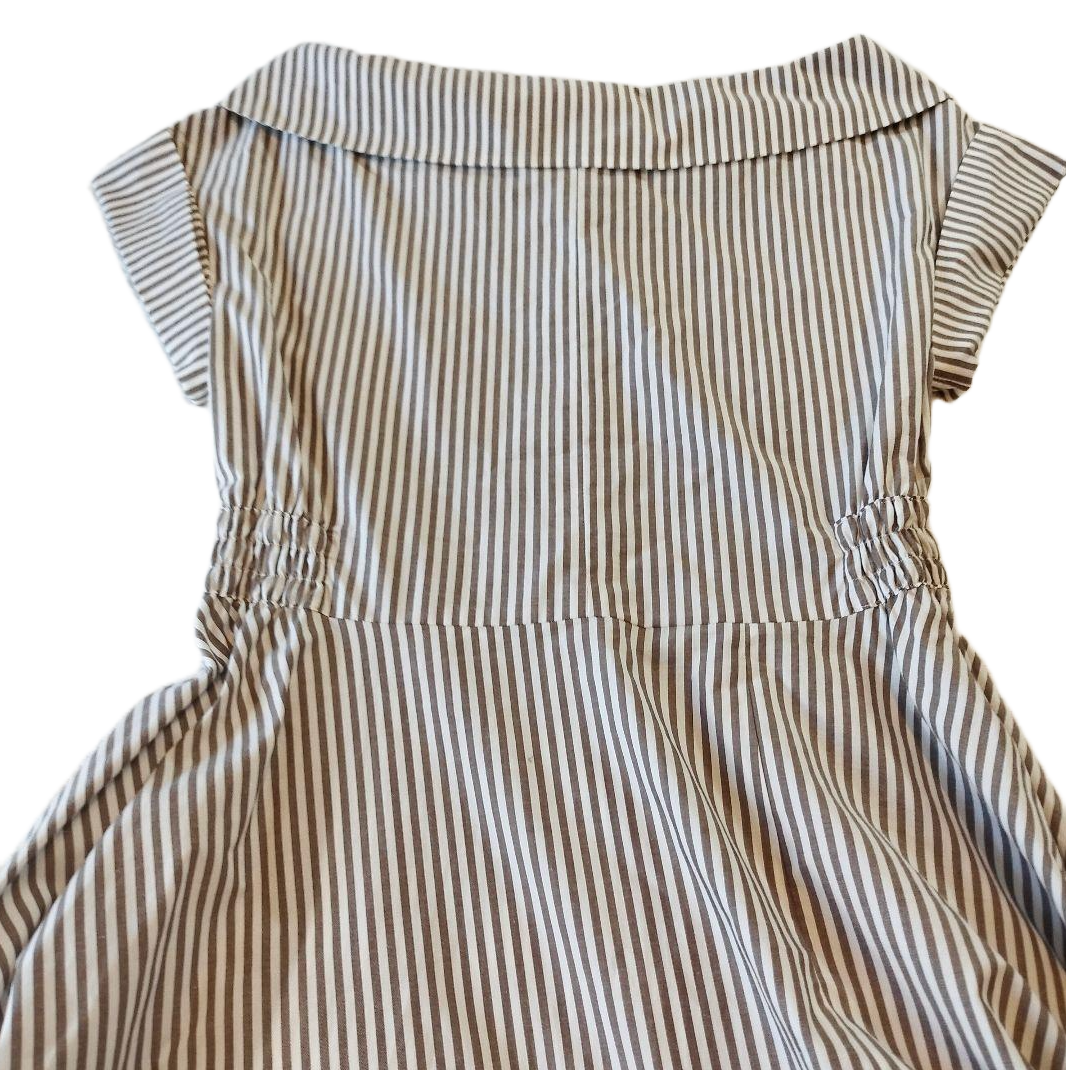 Lanvin en Bleu Cotton Striped SS Boat Neck Flare Midi Dress