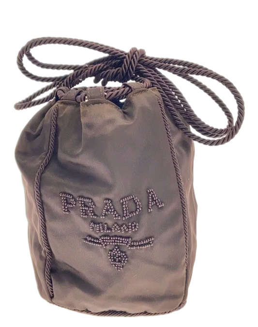 Prada Nylon Brown Beaded Logo Mini Bucket Bag