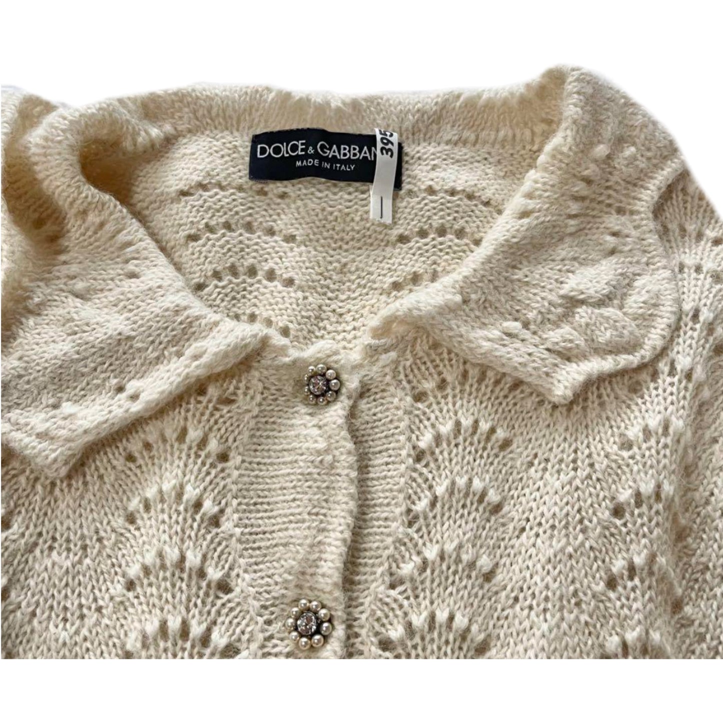 Dolce & Gabbana 100% Alpaca Scallop Knit LS w Pearl Flower Buttons