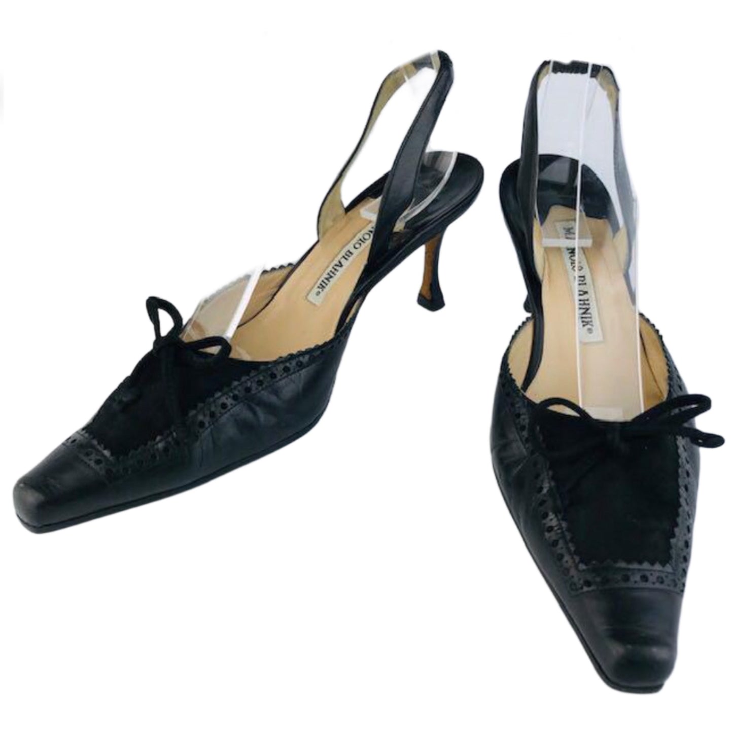 Manolo Blahnik Leather Suede Point Toe Slingback Kitten Heels
