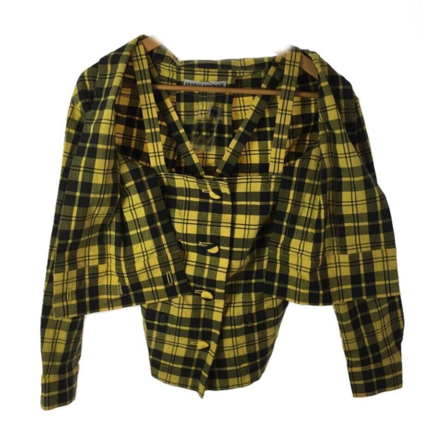 Issey Miyake Checkered Off Shoulder LS Button Down Blouse