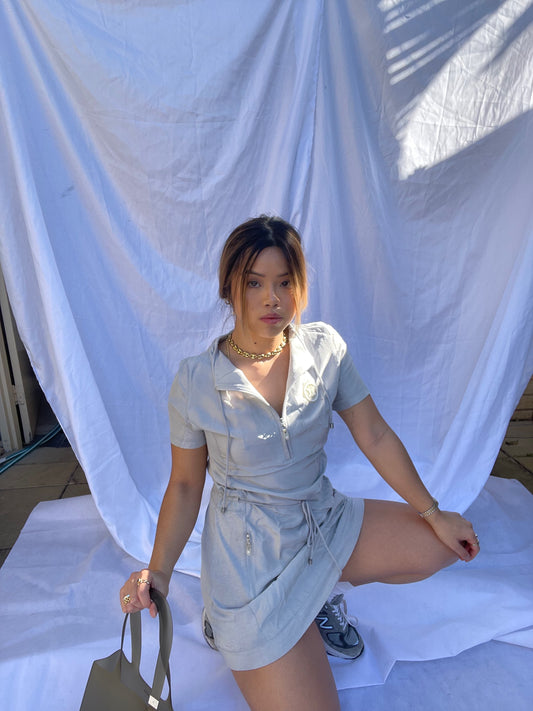 Celine Silk SS Half Zip Pockets Mini Dress