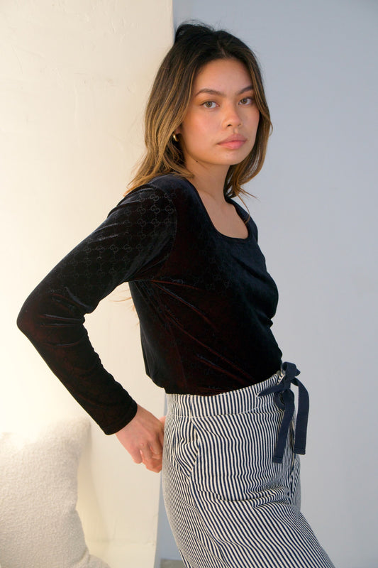 Gucci Velvet Monogram Scoop Neck LS Top