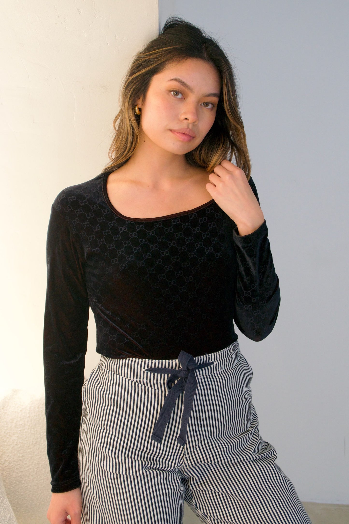 Gucci Velvet Monogram Scoop Neck LS Top