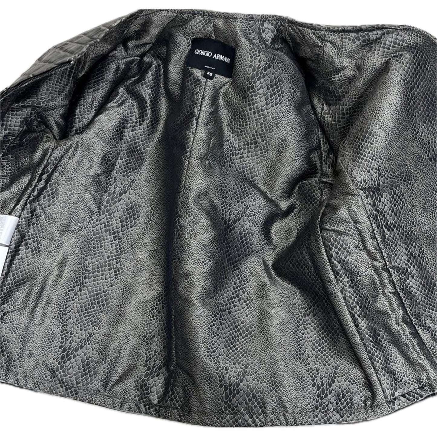 Giorgio Armani Calf Leather Reptile Assymetrical Zip Flare Sleeve Jacket