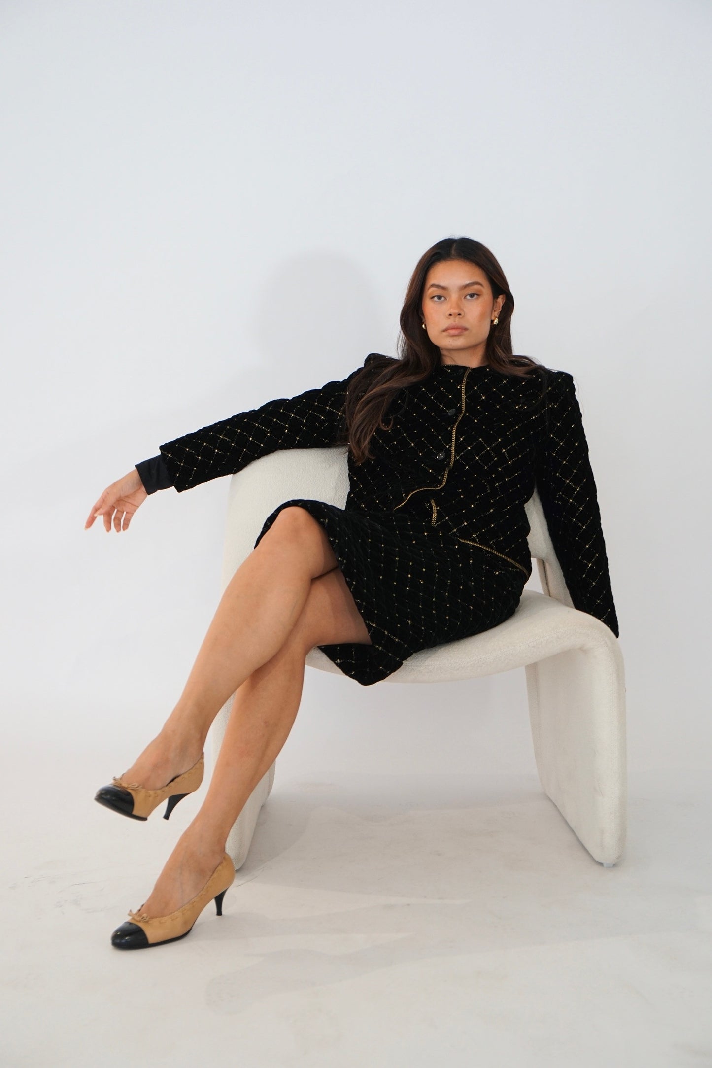 Celine Velvet Quilted Gold cushion embroidery jacket skirt suit