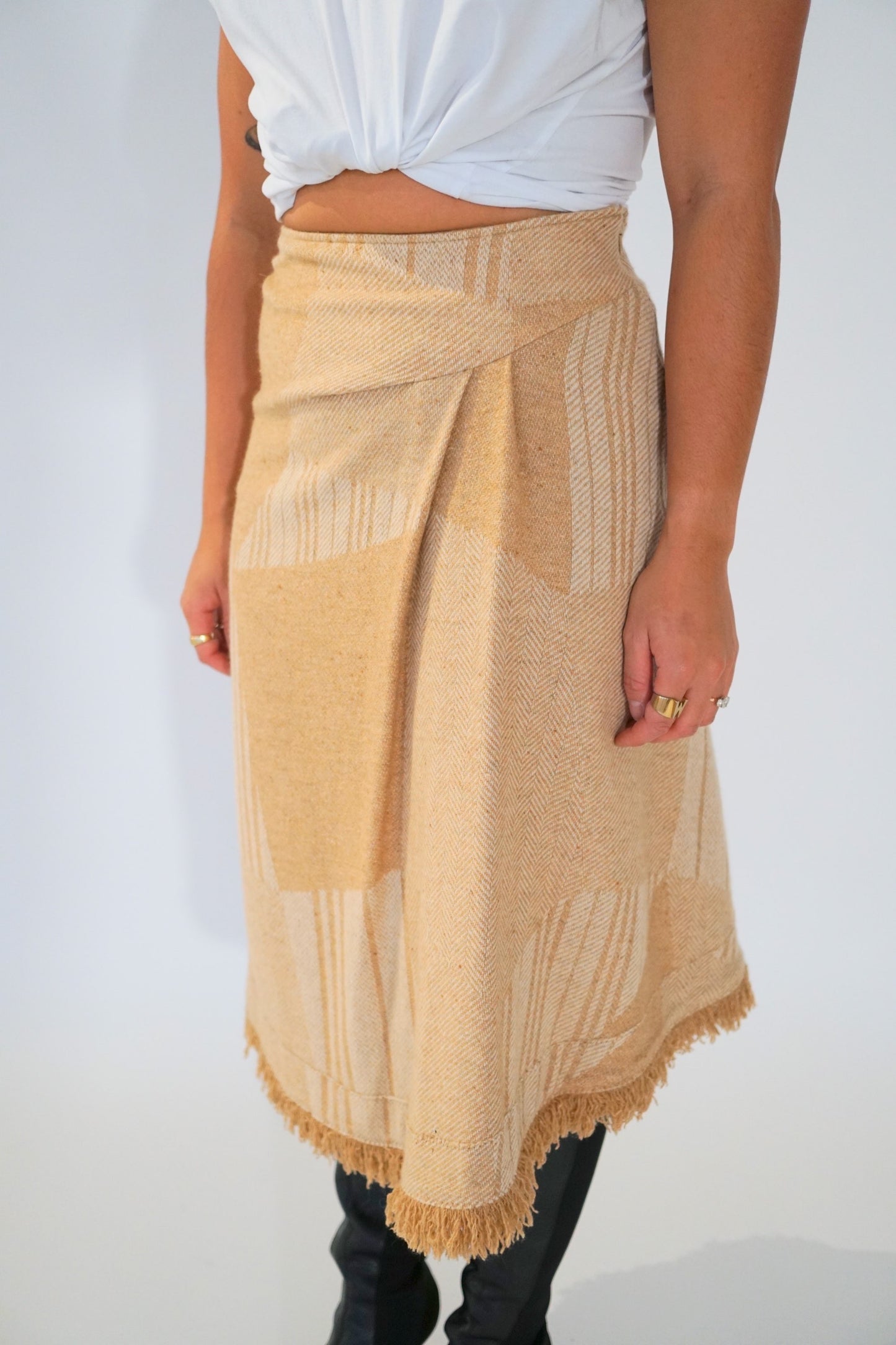 Burberry London Wool Blend Check Print Pleat Fray Hemline Midi Skirt