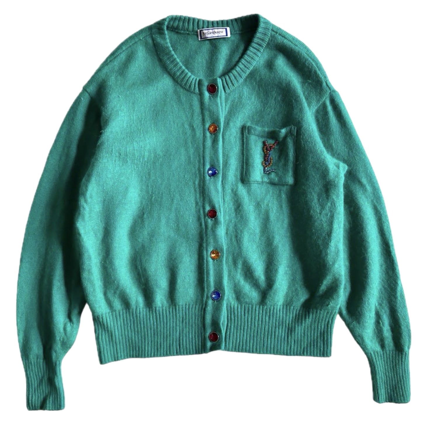 Yves Saint Laurent Green Button Down Gemstone Logo Cardigan