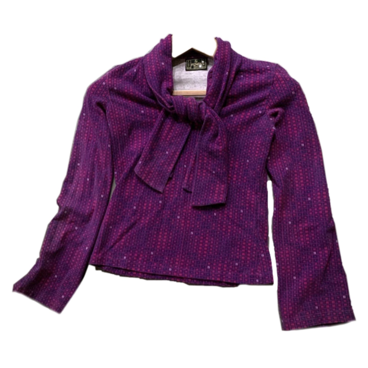 Fendi Checkered LS Logo Pussy Bowtie Top