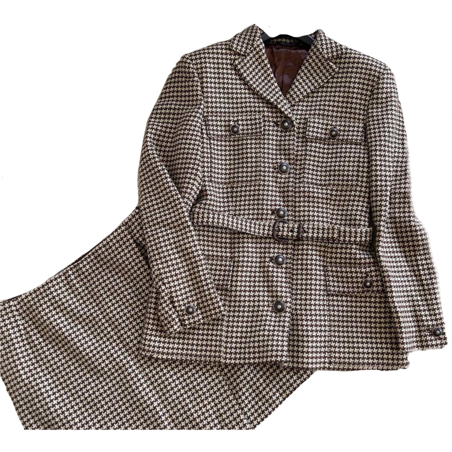 Versace Houndstooth Wool Belted Pocket Blazer Skirt Two Piece Suit Set