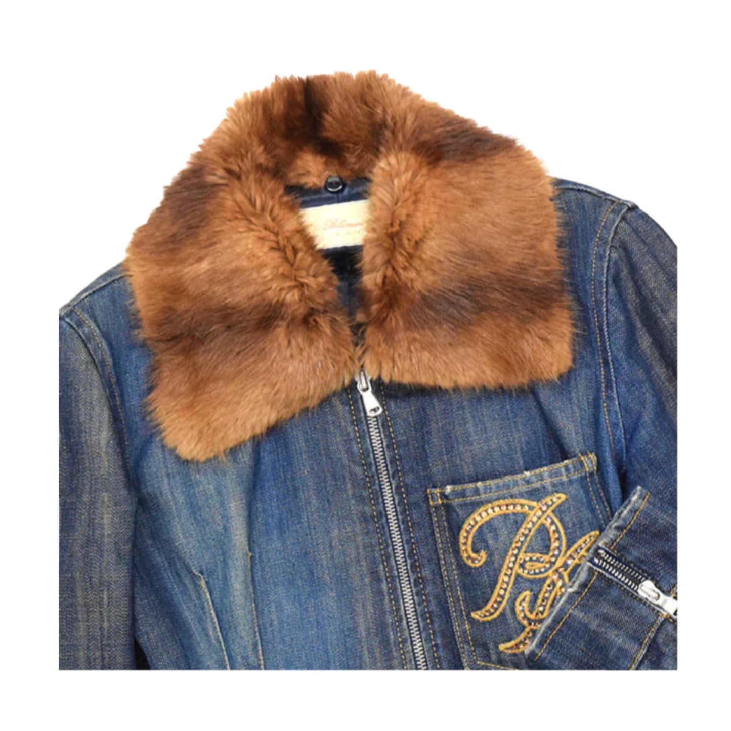 Blumarine Fur Collar Diamante Logo Pocket Zip Denim Jacket
