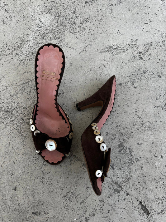 Moschino Cheap and Chic Brown Suede Button Heels