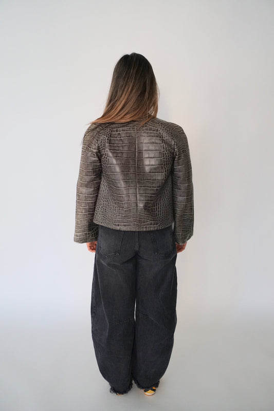 Giorgio Armani Calf Leather Reptile Assymetrical Zip Flare Sleeve Jacket