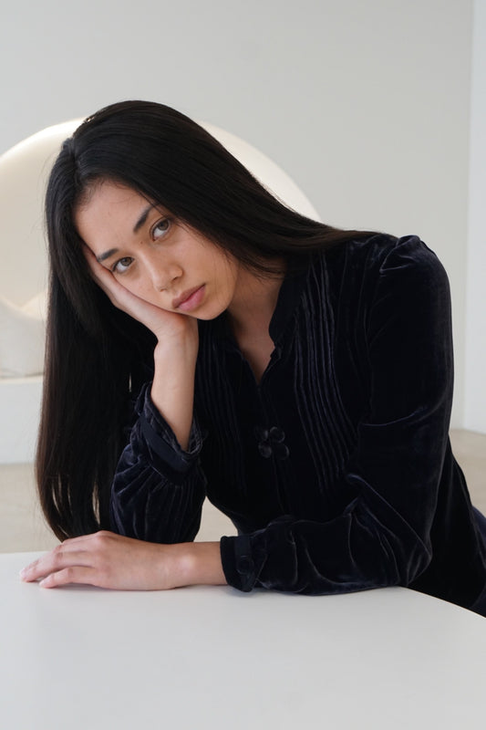 Max & Co Velvet Pleated Navy Frog Closure Jacket