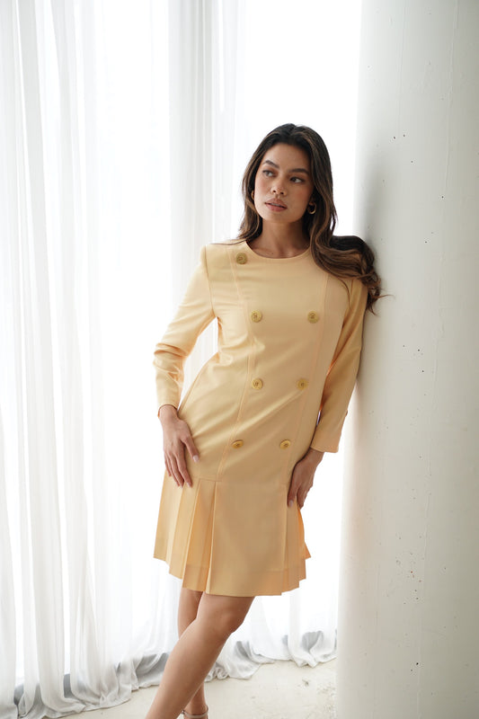 Givenchy Boutique Shoulder Pad Gold Button Drop Hem Pleat Skirt LS Blazer Dress