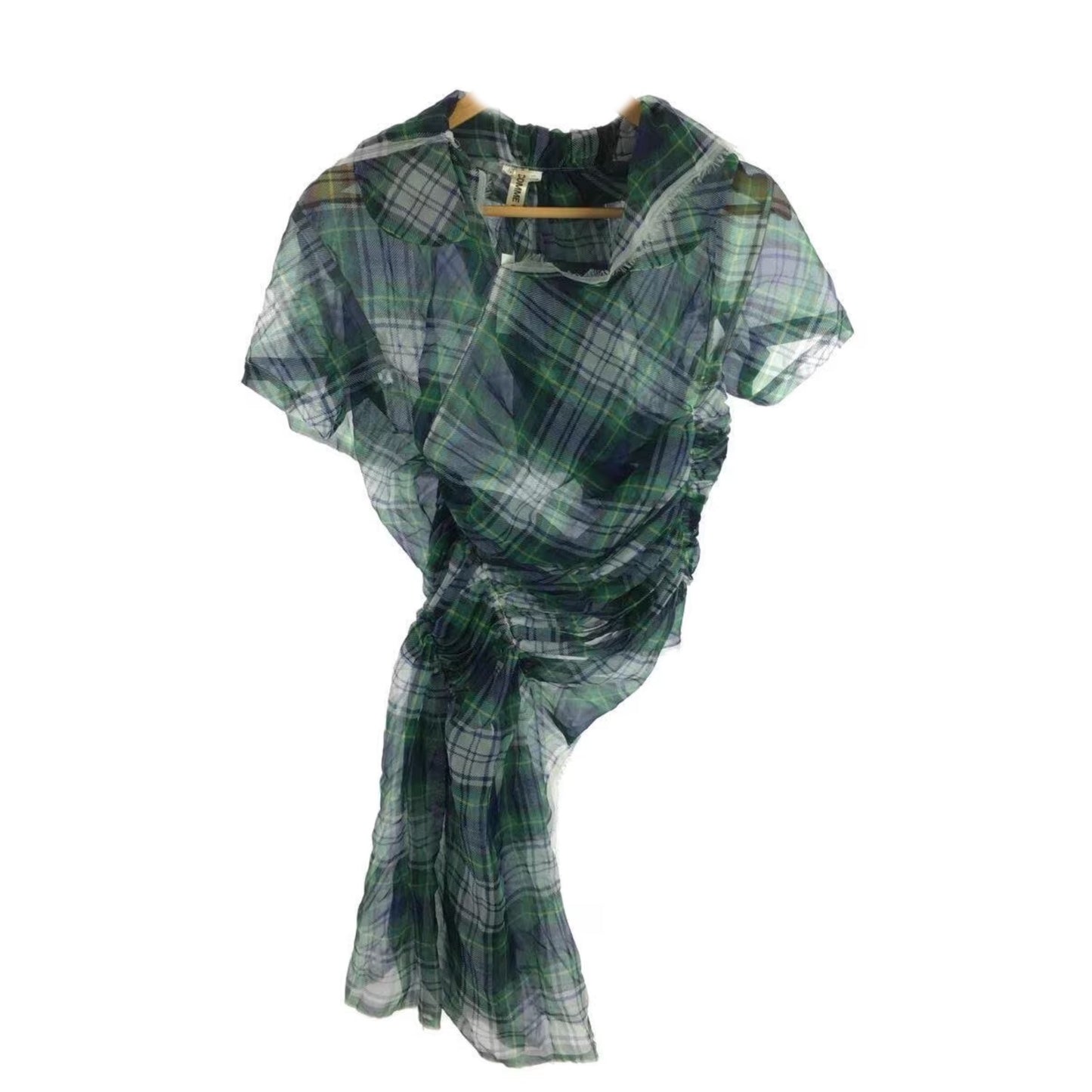 Comme Des Garcons Tartan Assymetrical Peter Pan Collar Ruched SS Blouse