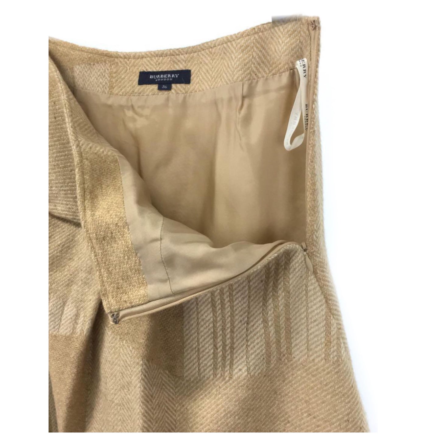 Burberry London Wool Blend Check Print Pleat Fray Hemline Midi Skirt