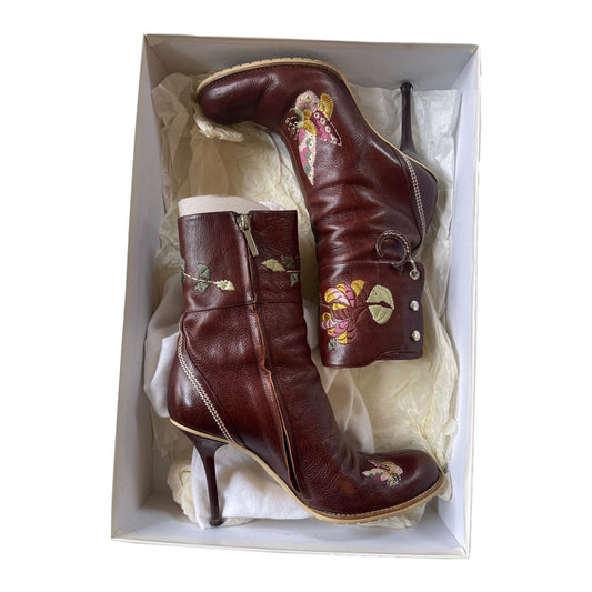 Christian Dior Leather Floral Butterfly CD Logo Ankle Boots