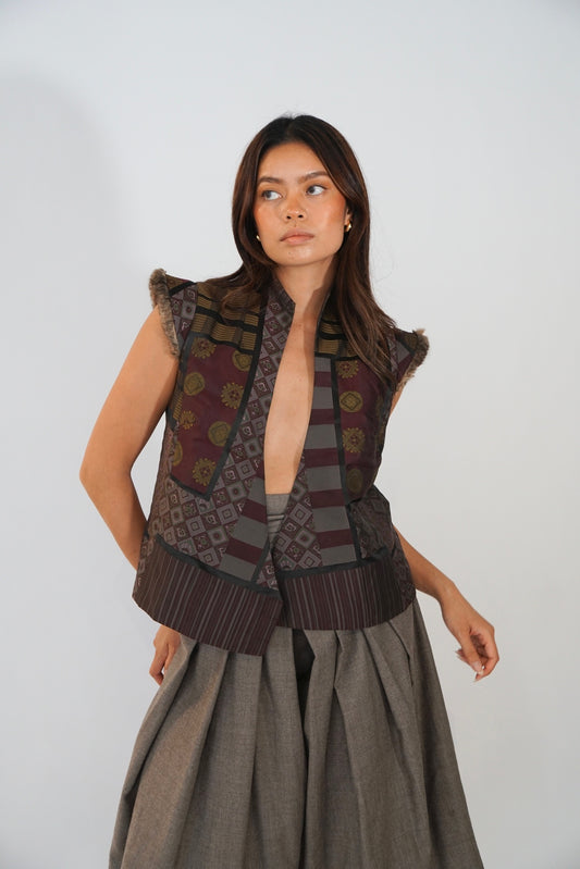 Kenzo Multi Print Vest w Fur Trim Shoulder Pads