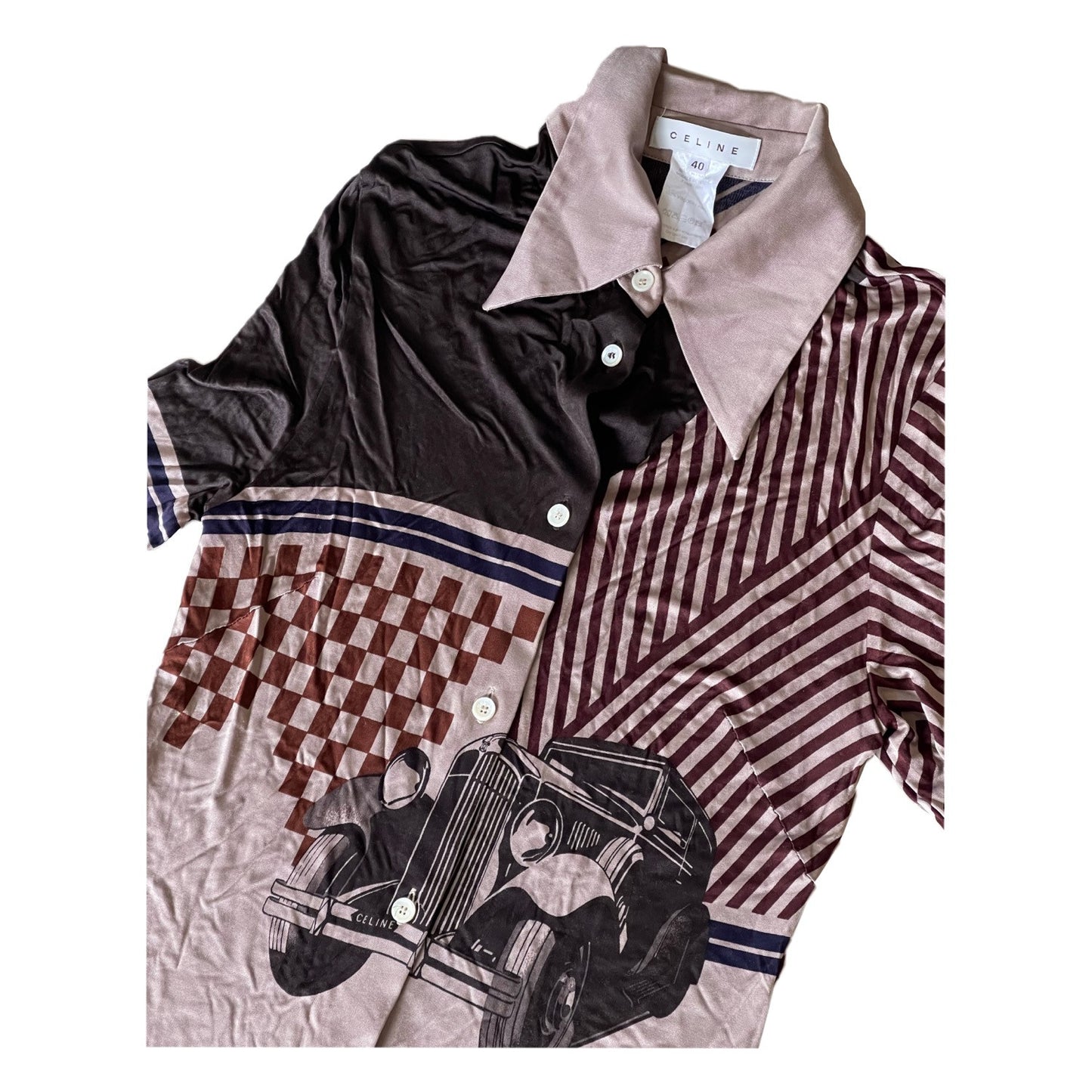 Celine Vintage Car Print Stretchy Long Sleeve Button Down Shirt