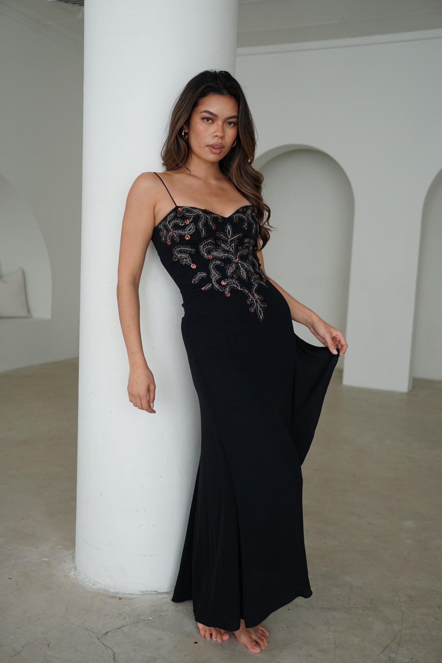 Valentino Embellished Sequin Beaded Chest Spaghetti Strap Maxi Evening Gown Dres