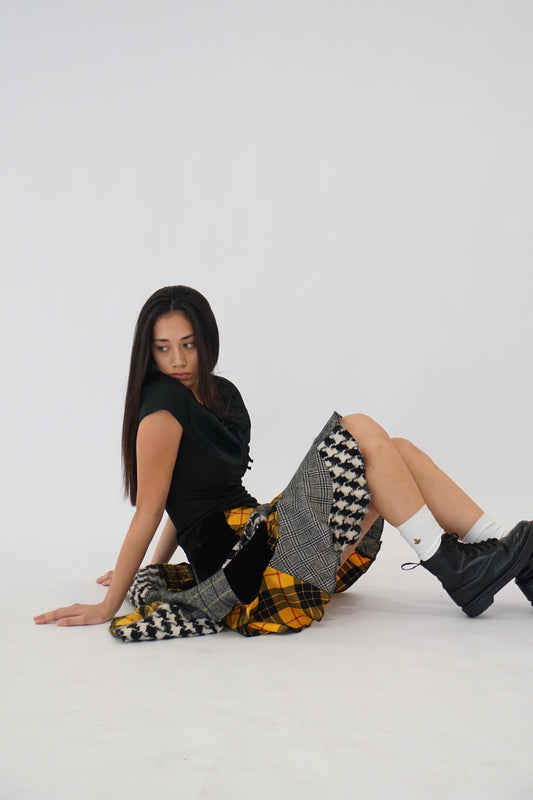 Comme Des Garcons Plaid Hounstooth Patch Assymetrical Skirt