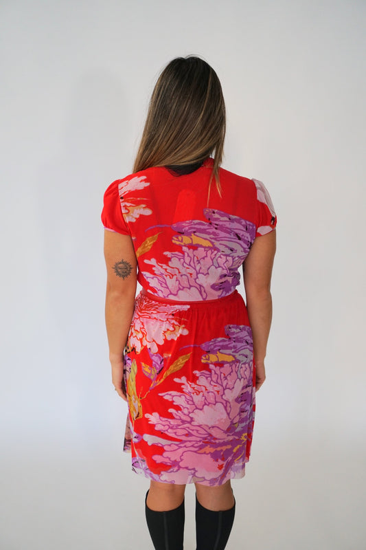 Vivienne Tam Floral Mesh Ruffle SS Blouse Skirt Set