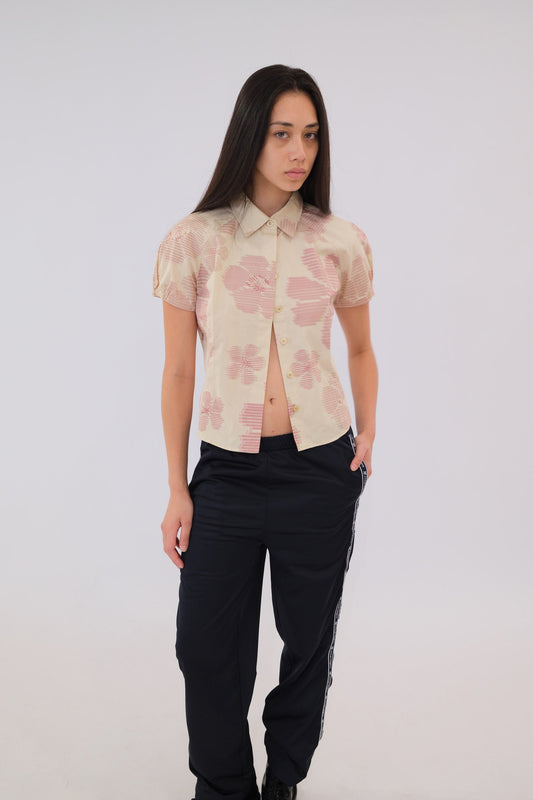 Givenchy Puff SS Pixelated Floral Print Button Down Blouse