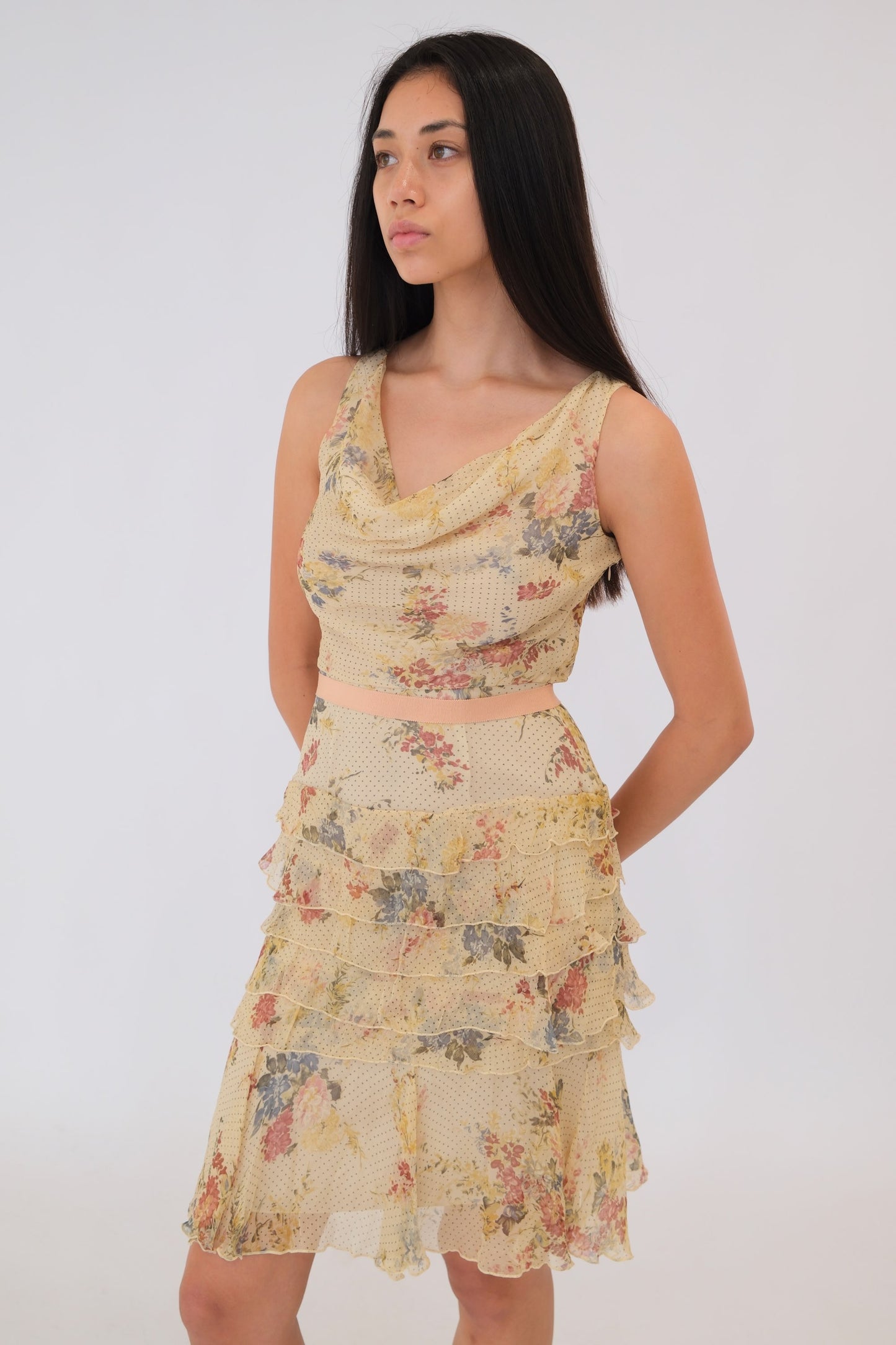 Red Valentino Floral Silk Drape Ruffle Skirt Dress