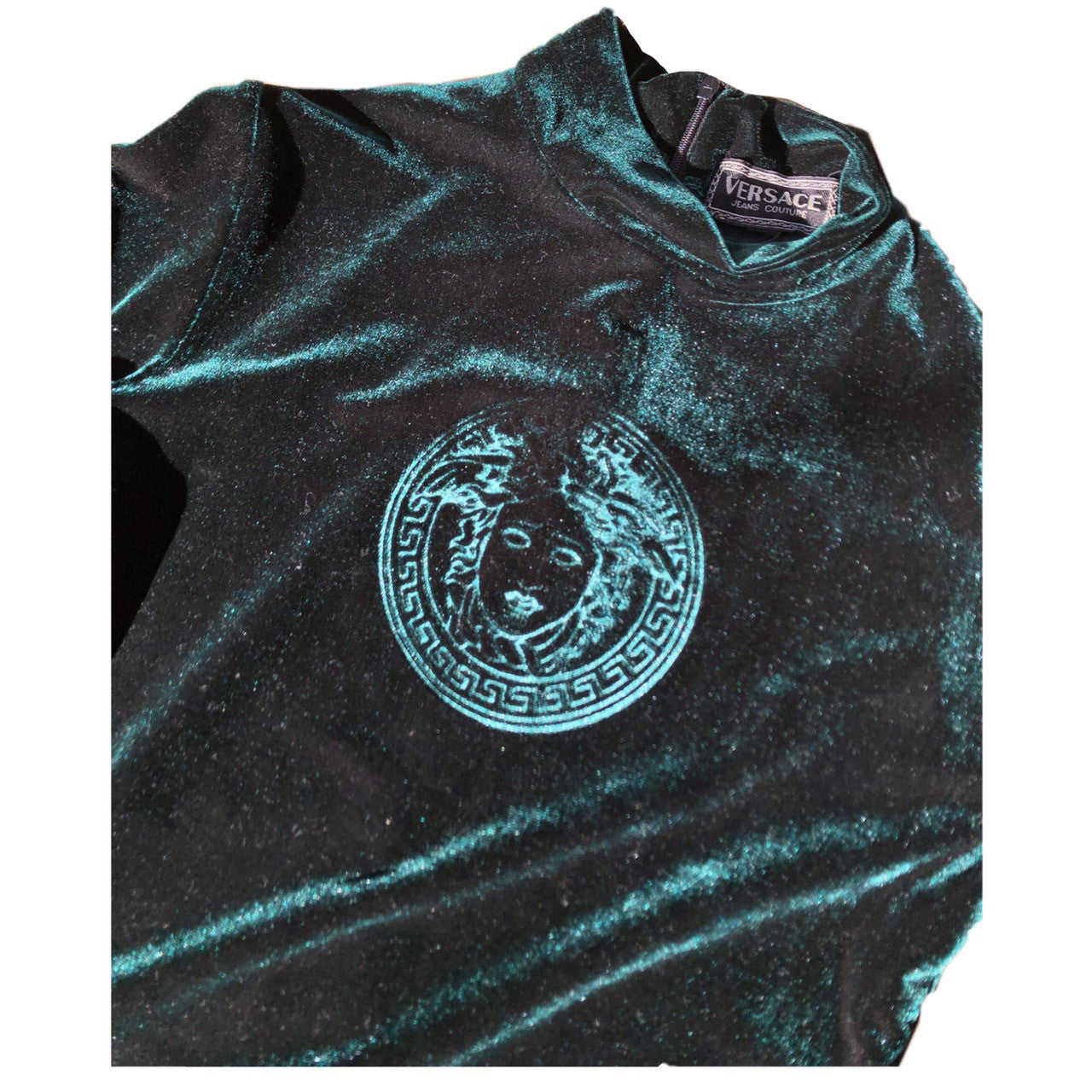 Versace Jeans Couture Green Medusa Velvet Long Sleeve Turtleneck