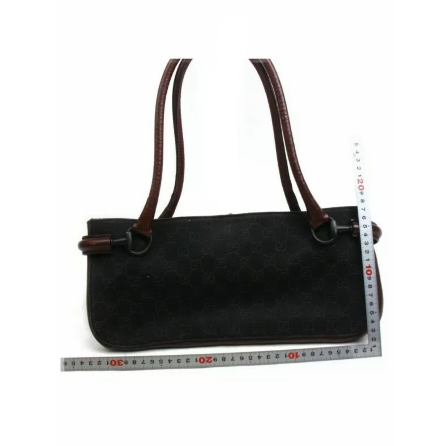Gucci Mini Canvas Black Monogram Brown Leather Strap Tote