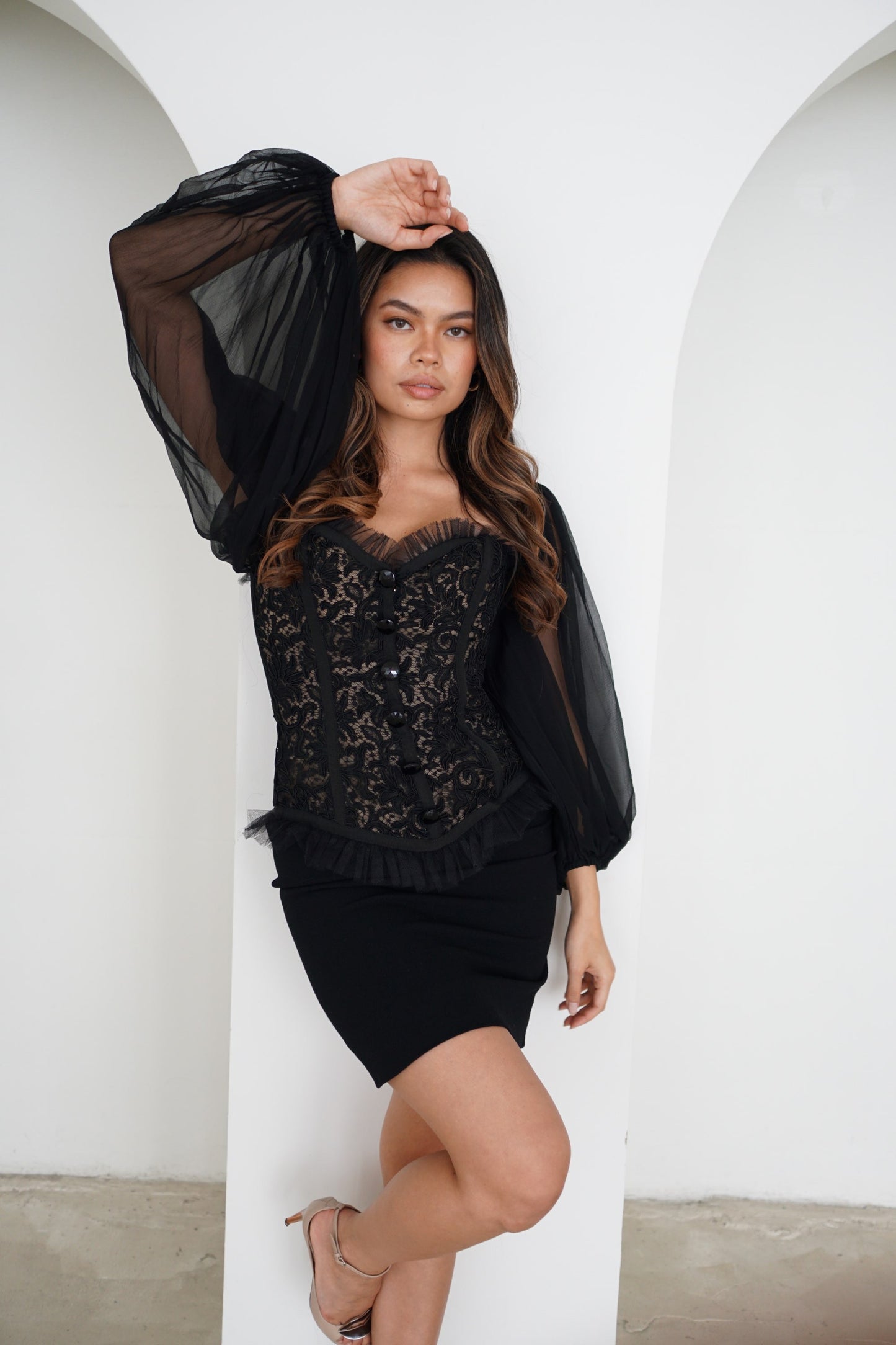 Yves Saint Laurent Lace Sweetheart Bustier Ballon LS Mini Dress