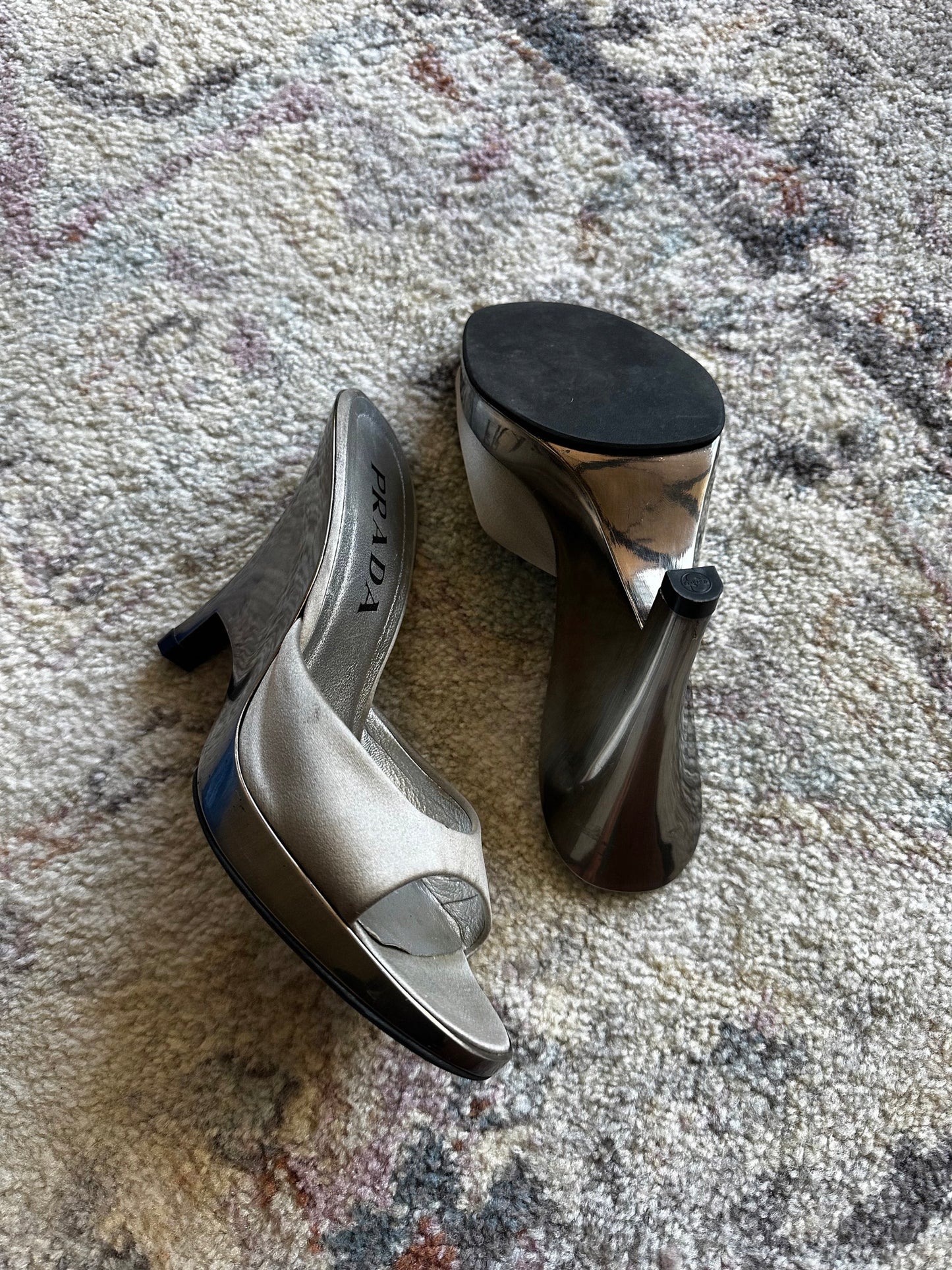 Prada Silver Wedge Sandal Heels