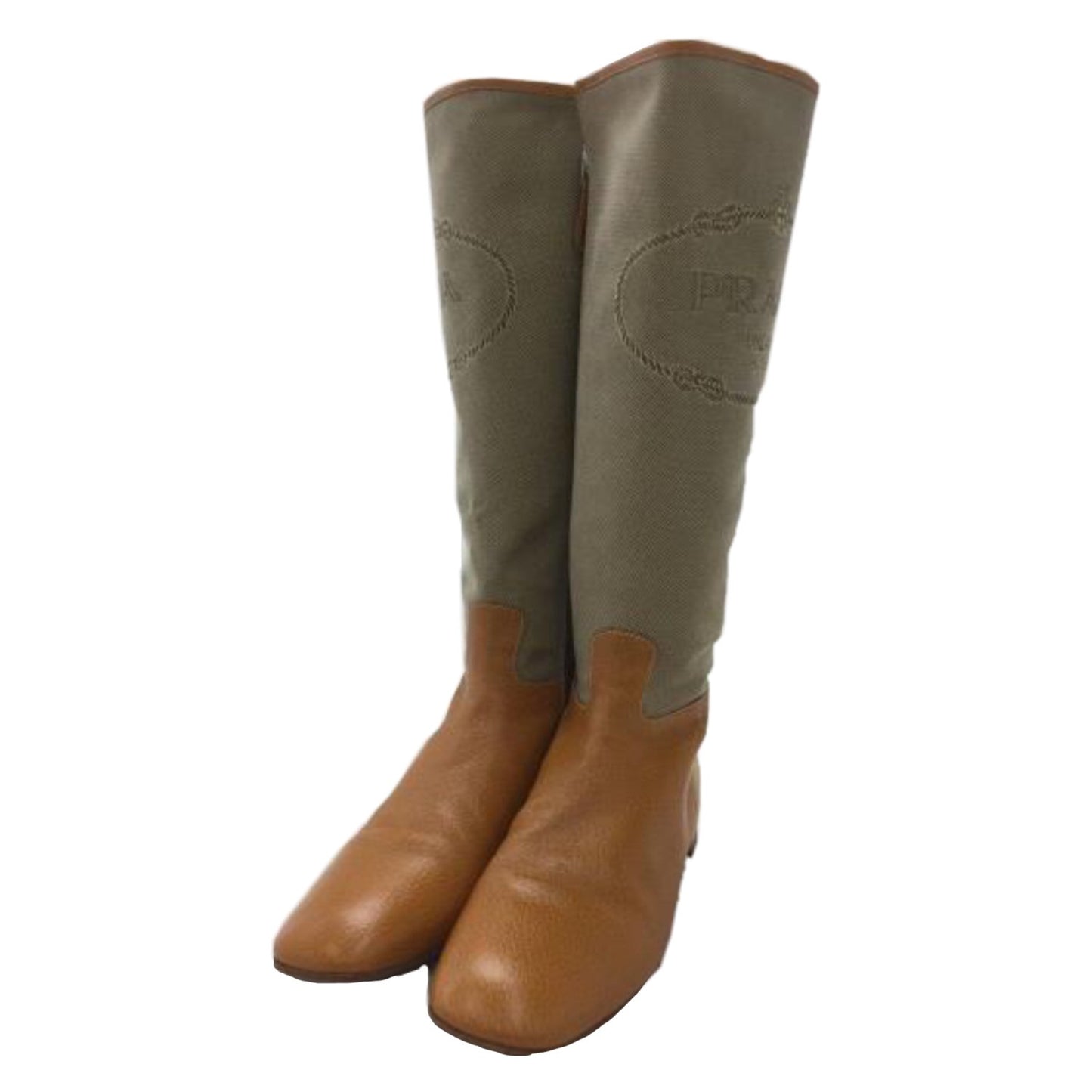 Prada Leather Canvas Logo Knee High Boots