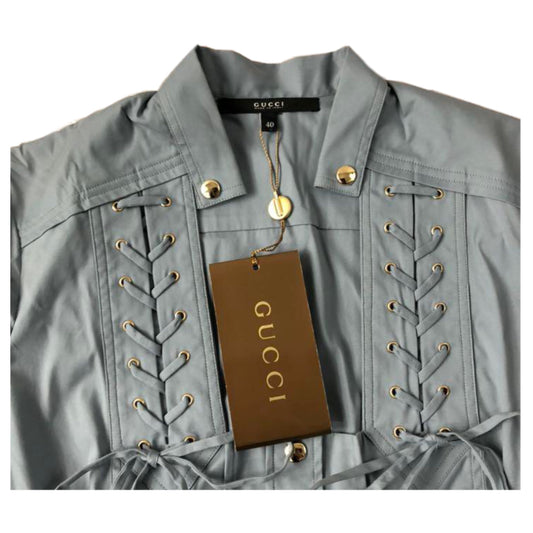 Gucci SS Lace Up Button Down Square Neck Blouse