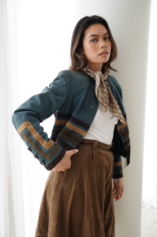 Loewe Suede Fringe Hem w Pattern Detail Mandarin Collar Jacket