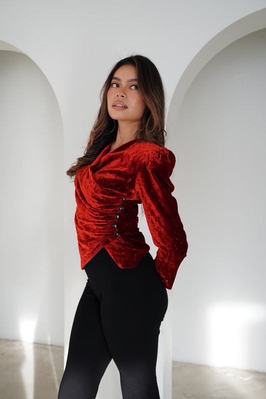 Givenchy Hi Formal Red Shoulder Pad Velvet Ruched Sleeve Wrap LS Top